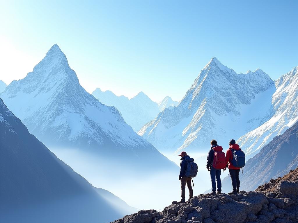 Trekkeurs admirant un paysage de montagne spectaculaire.