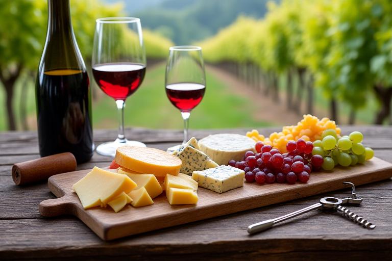 Planche de dégustation de vins et fromages dans un vignoble.