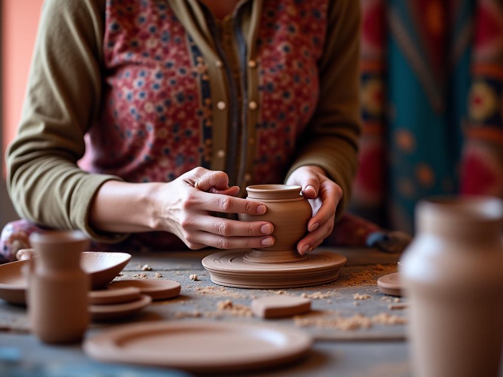 Femme participant à un atelier d'artisanat local lors d'un voyage culturel.