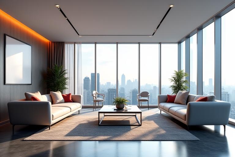 Salle de réunion moderne avec vue pour un séminaire d'entreprise.