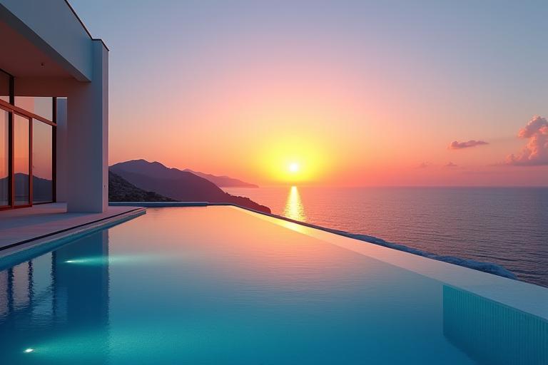 Piscine à débordement privée avec vue sur la mer au coucher du soleil.