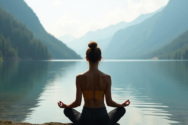 Personne en posture de yoga face à un lac de montagne.